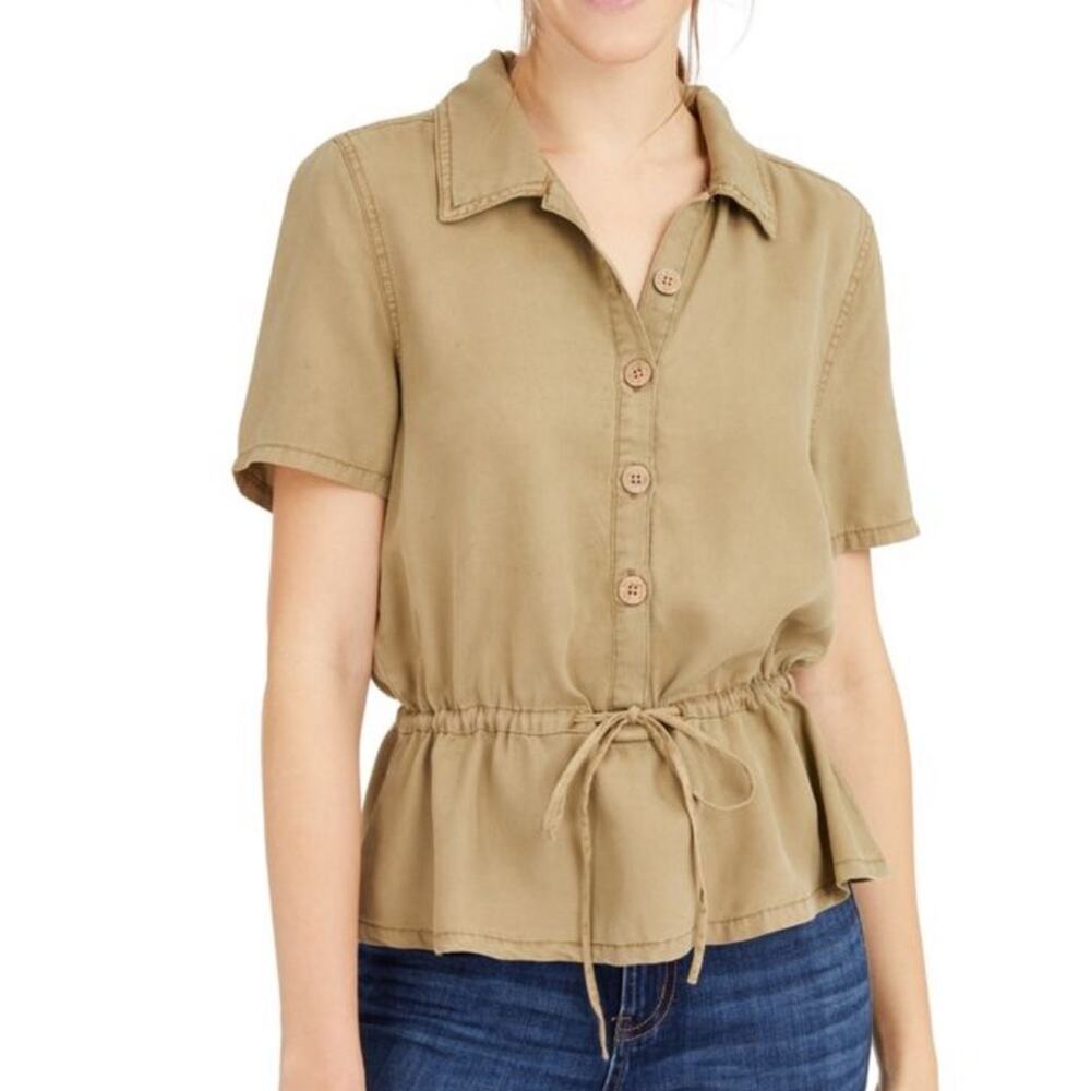 OAT New York Tan Button Down Waist Tie Peplum Top Size Large